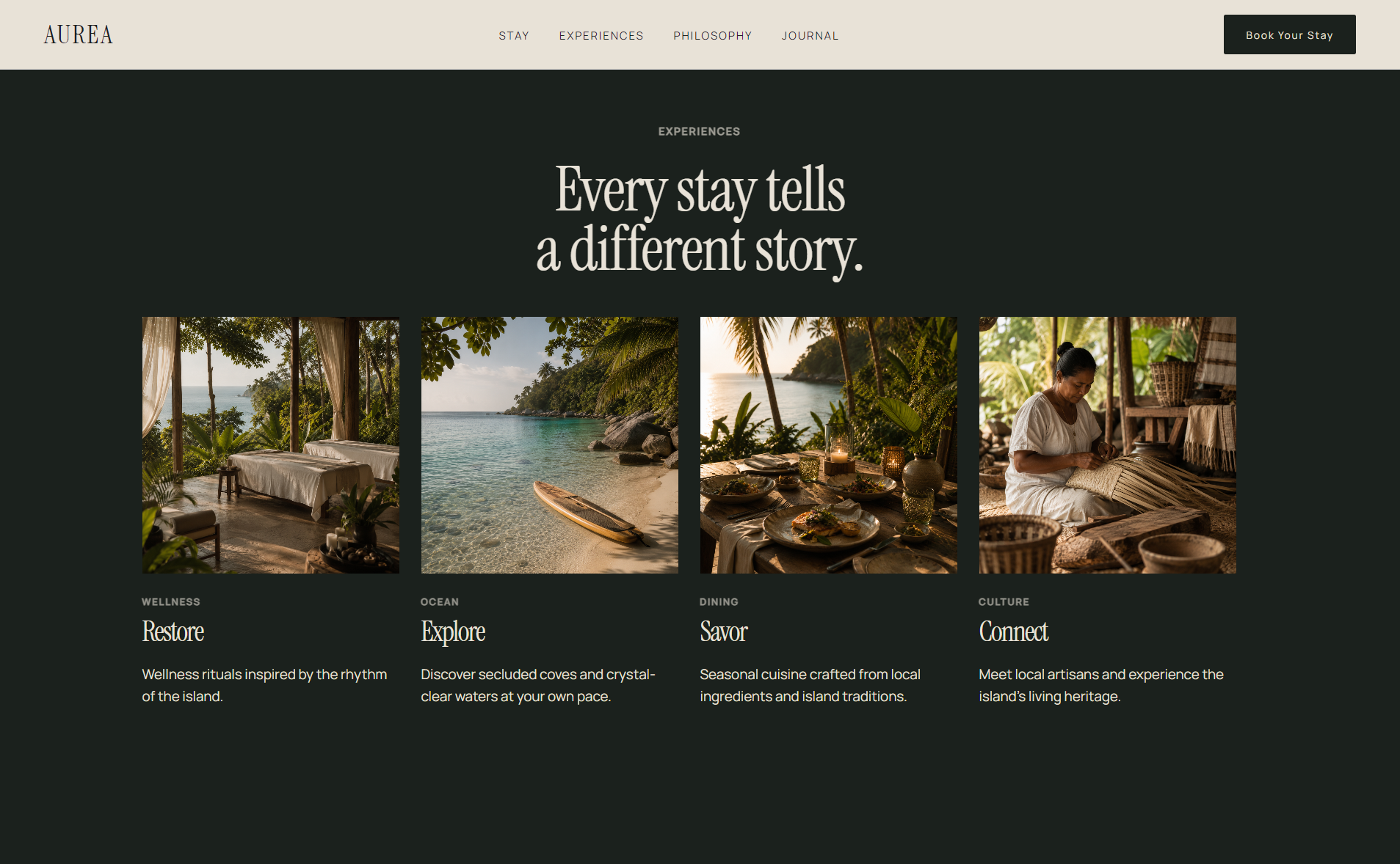 AUREA homepage experiences section digital experience