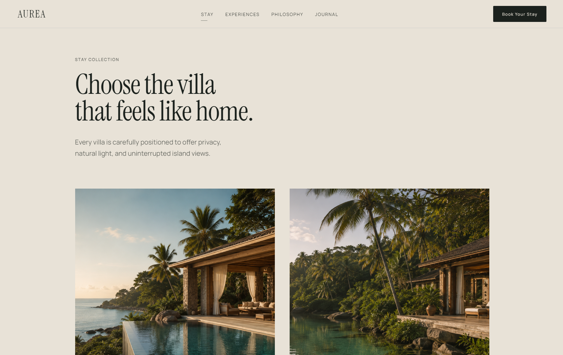 AUREA stay page stay collections section digital experience