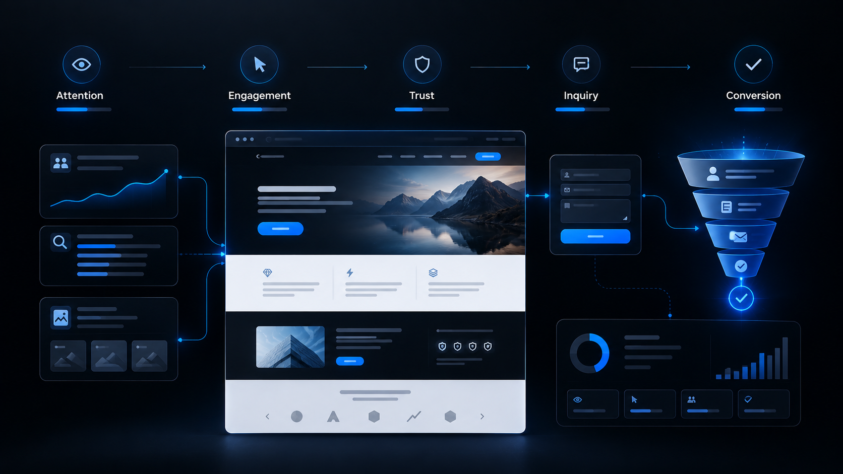 Business website designed with funnels, calls to action, landing pages, and trust-building systems to generate leads