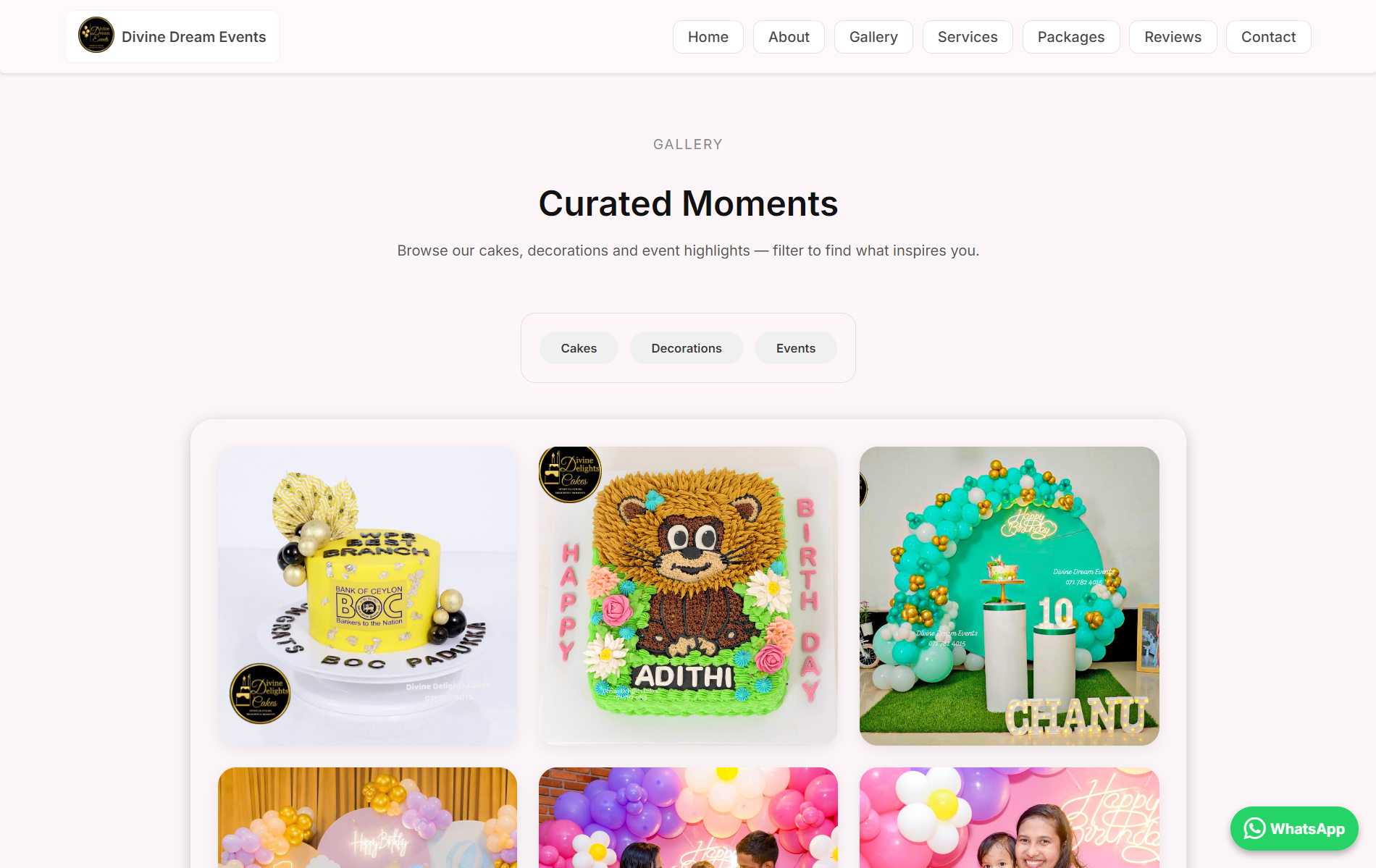 Divine Dreams Events website homepage design