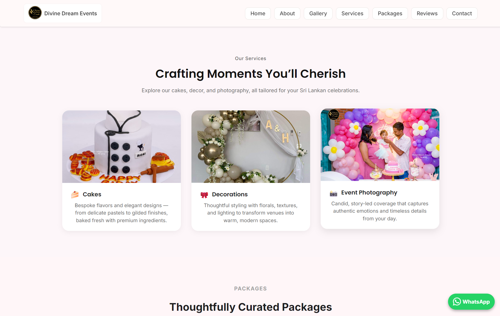 Divine Dreams Events website services section