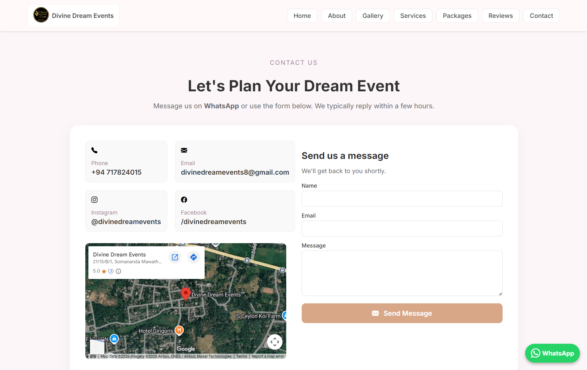 Divine Dreams Events contact and inquiry experience