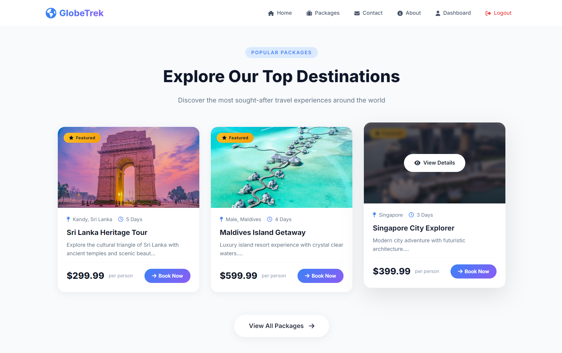 GlobeTrek Adventures travel package browsing interface