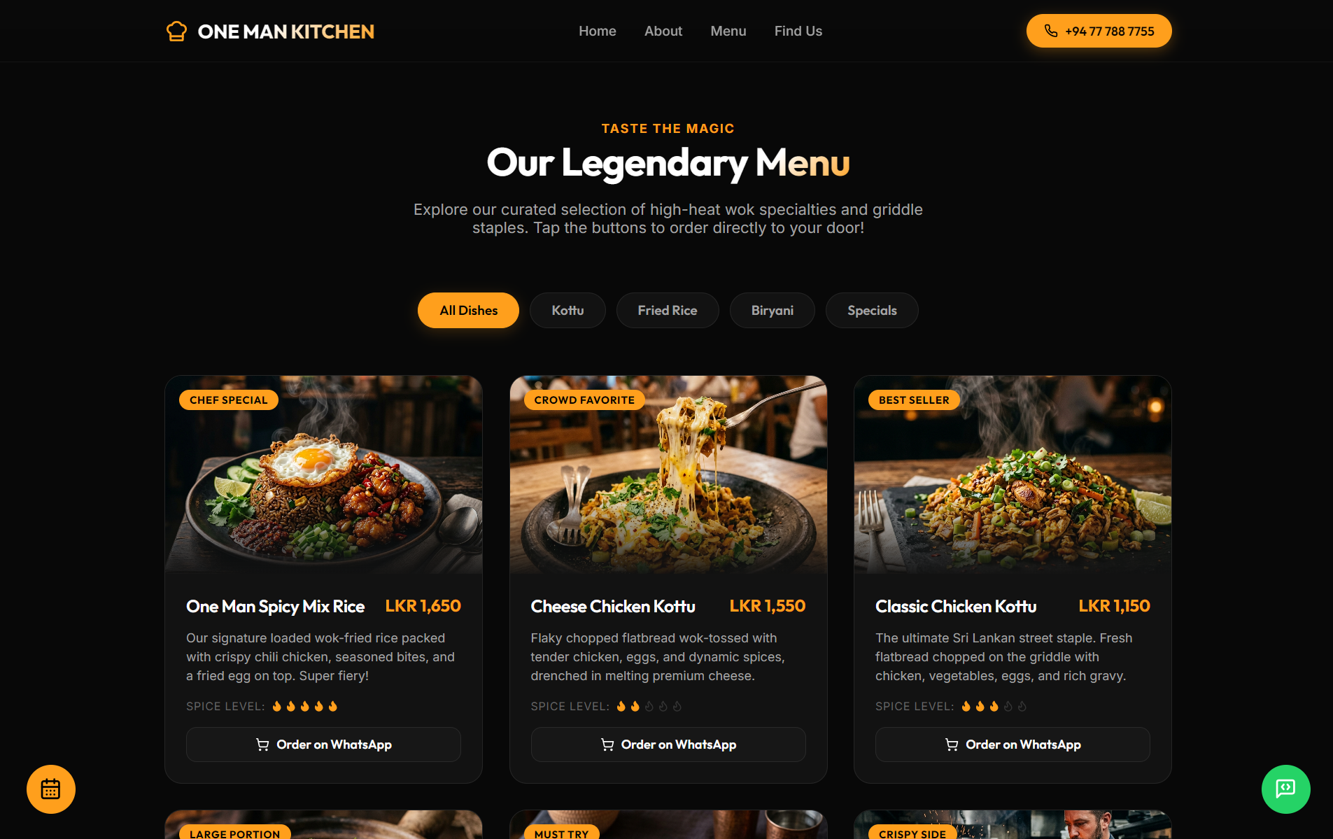 One Man Kitchen menu browsing experience