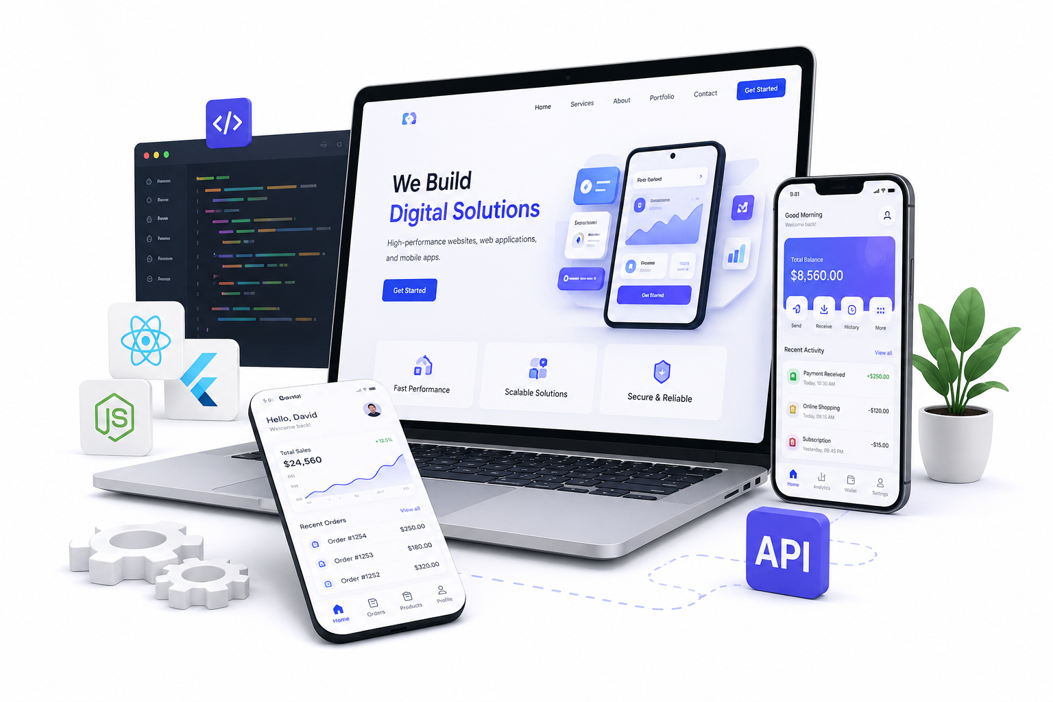 Web and mobile app development services including websites, web applications, and cross-platform apps