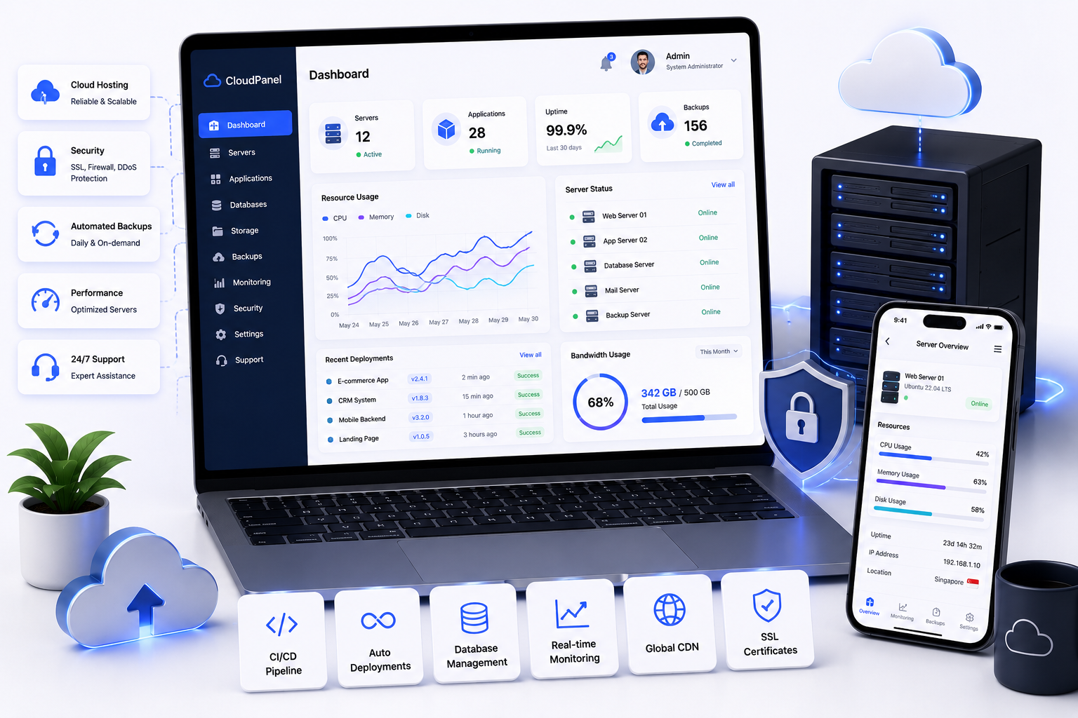 Cloud infrastructure, server management, and system maintenance services